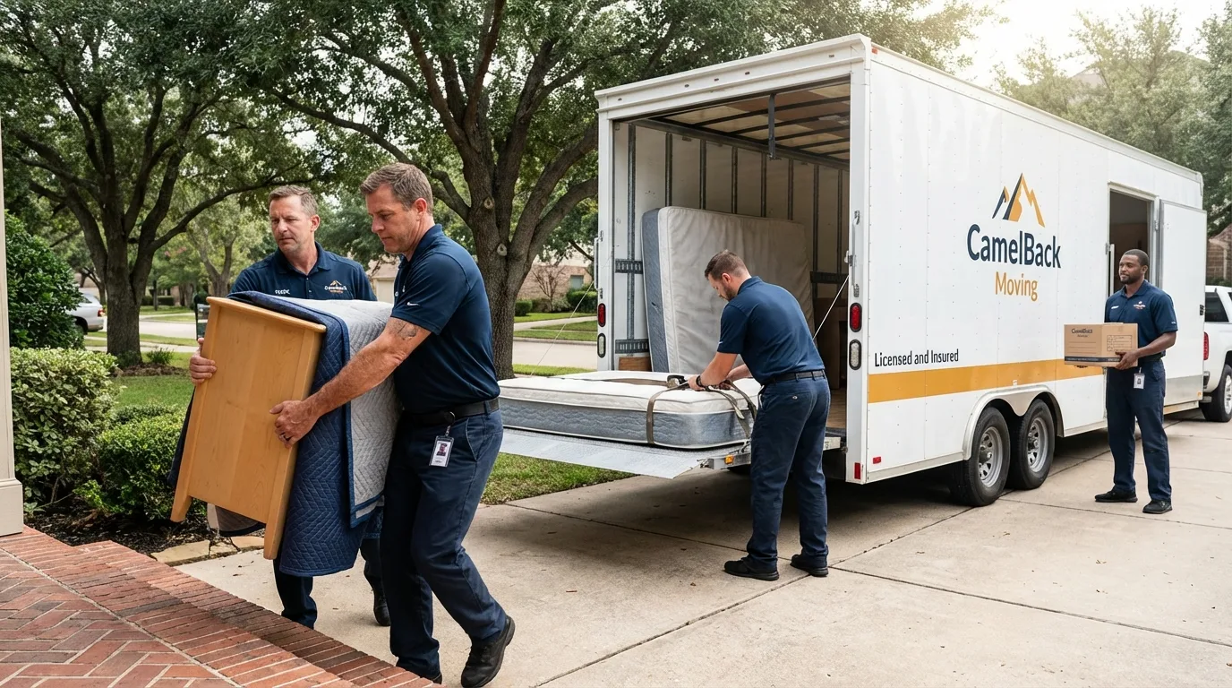 Crew loading residential truck for cross-state move from Farmington, AR