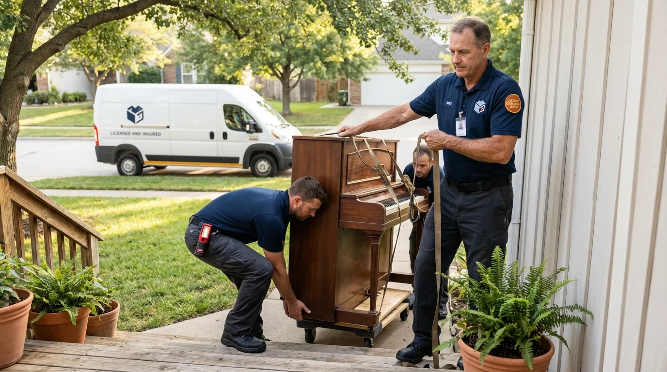 Licensed piano movers securing grand piano in Farmington, AR