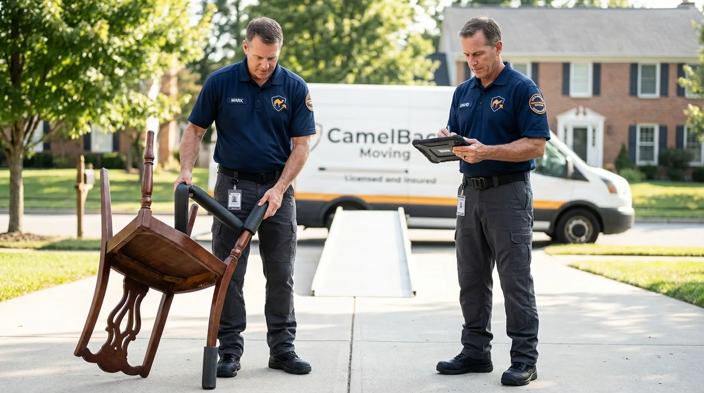 Movers inspecting furniture for damage prevention before loading in Farmington, AR