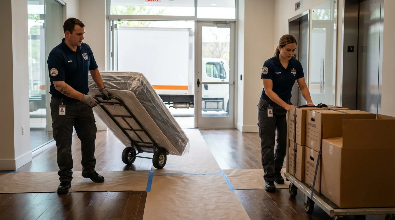 Professional apartment movers loading elevator in Farmington, AR