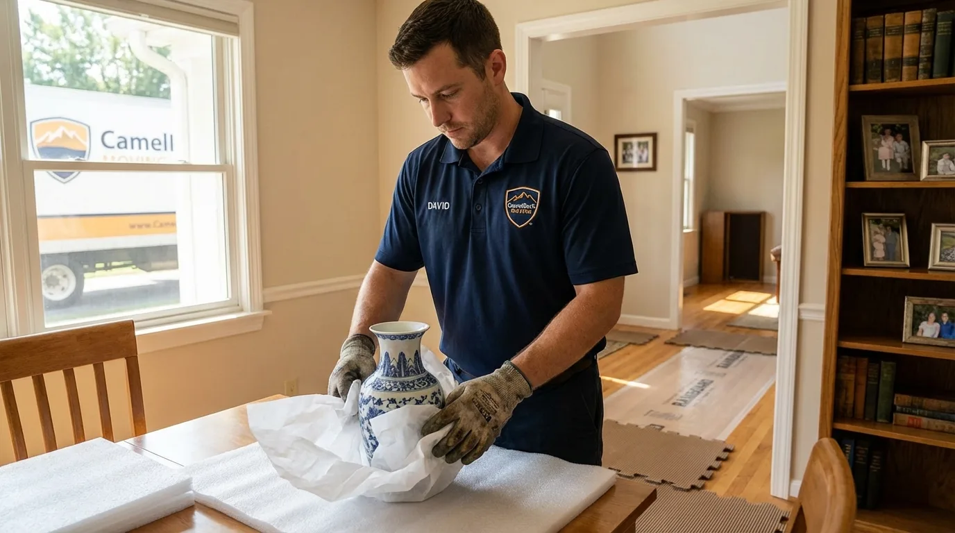 Professional crew carefully wrapping antique vase for senior downsizing move in Farmington, AR